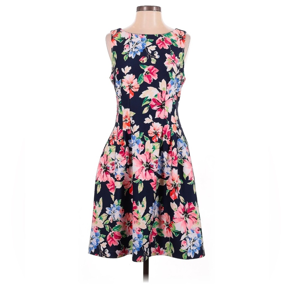 Vince Camuto Fit and Flare Dress - Navy with Floral Print - Pockets - Size 4